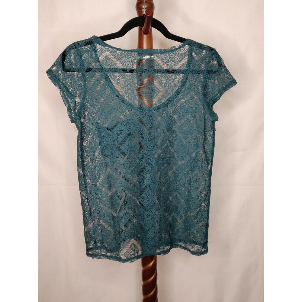 Kimchi Blue women's size S sheer lace dark green scoop neck cap sleeve pocket